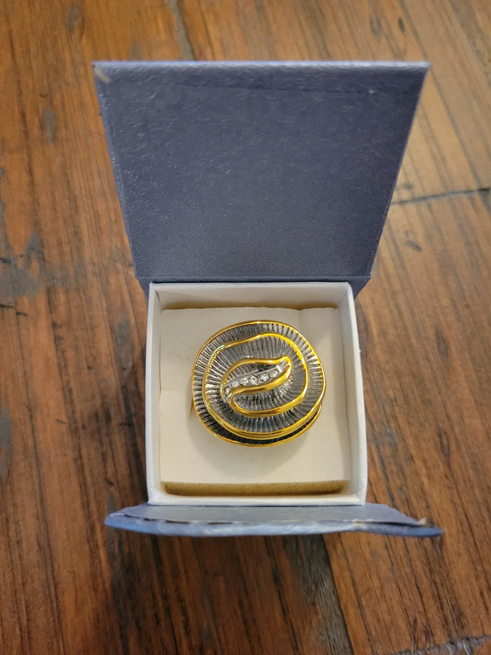 Gold and Silver Swirl Statement Ring with Crystal Accents